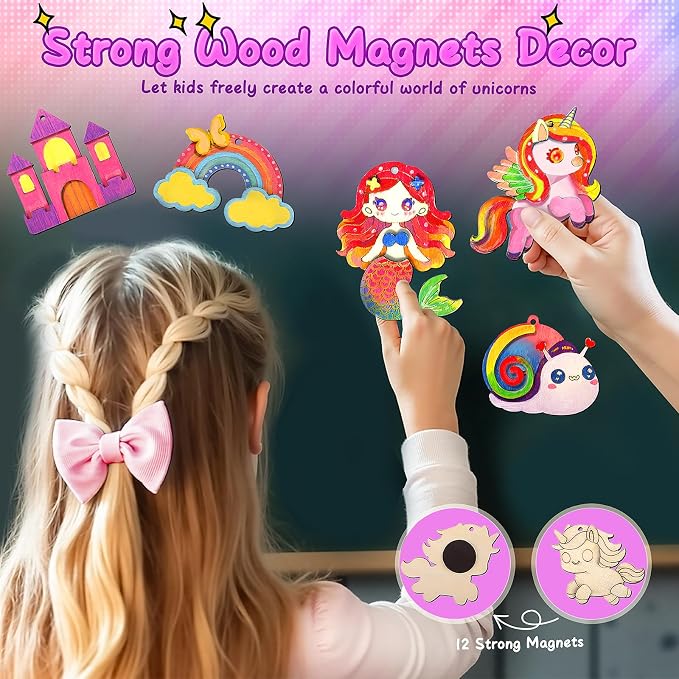 12 DIY Unicorn Wooden Magnets - Arts Crafts Painting Kits For Kids, Creative Art Supplies Paint Gift For Birthday Party Favors Family Easter Crafts Decorations Unicorn Toys For Girls Boys Ages 4-12