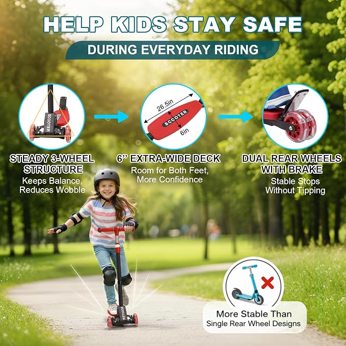 3 Wheel Kids Kick Scooter for Ages 3-12, Lean-to-Steer, Light-Up Wheels, 3-Level Adjustable Handlebar 27.5”-33”, Wide Non-Slip Deck, Dual Rear Brake,Travel Foldable, for Boys & Girls Toy Gifts