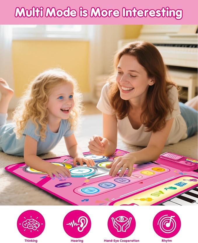 DQMOON Toys for 1 Year Old Girl Gifts, Baby Musical Mat with Piano & Drum, Adjustable Volume, 12-18 Months Toddler Toys, Christmas Birthday Easter Gifts for 1-2 Year Olds Boys Girls (Pink)