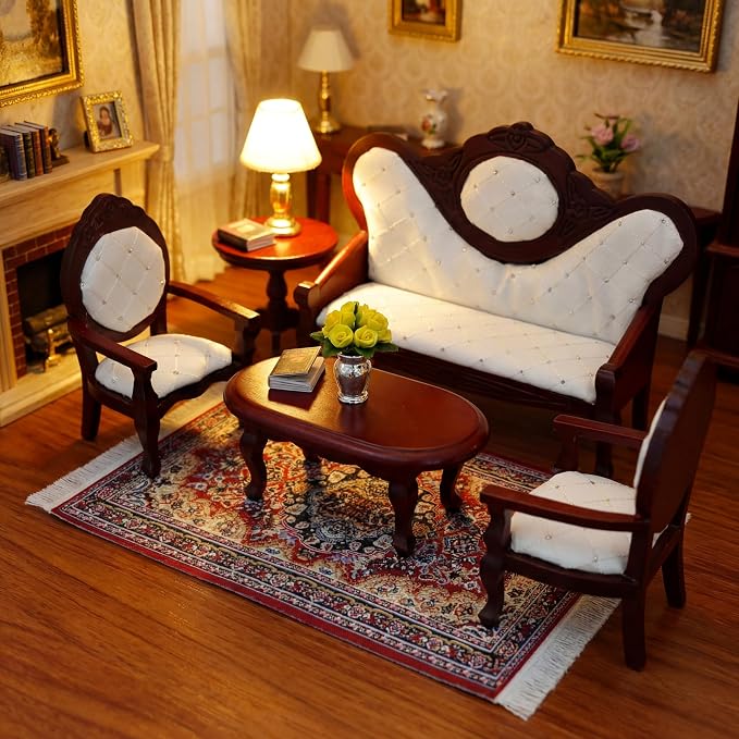 Skylety 7 Pcs Victorian Dollhouse Furniture Set 1: 12 Scale Wooden Mini House Living Room Furniture and Accessories, Sofa Table Chairs Vase for Adults Toys Gift Retro Miniature Doll House Accessories