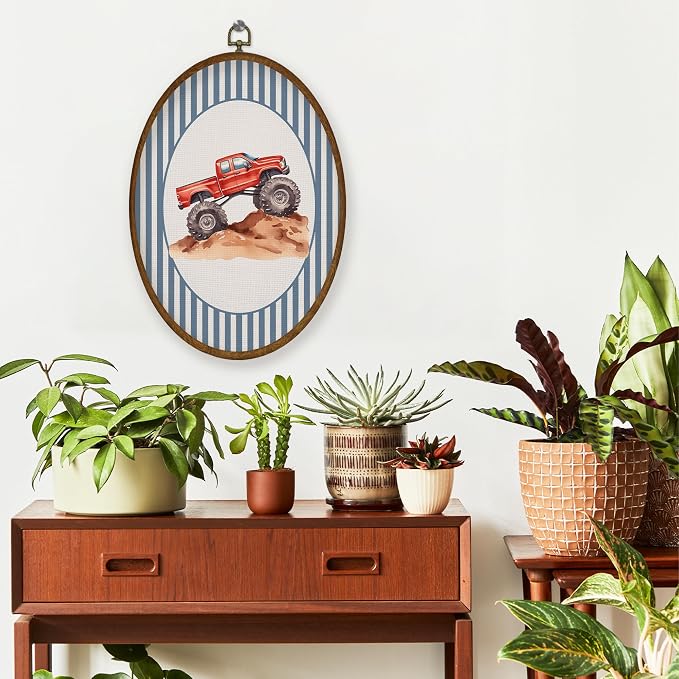 WULQYING Red Truck Boy Nursery Wall Art Decor, Kids Playroom Oval Framed Canvas Art Prints, Blue Striped Truck Wall Hanging Decor for Kids Boys Toddler Room Bedroom Playroom, 8.6x11.4 Inches