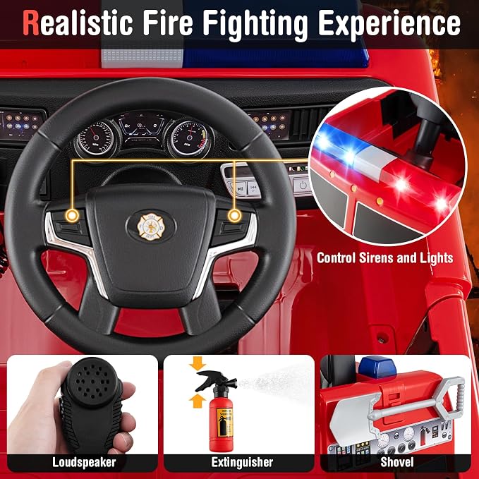 Costzon Kids Ride on Fire Truck, 12V Battery Powered Fire Car w/Remote Control, Extinguisher, Shovel, Loudspeaker, Music, Sirens, Lights & Wireless Connection, Electric Vehicle for Kids(Fire Truck)