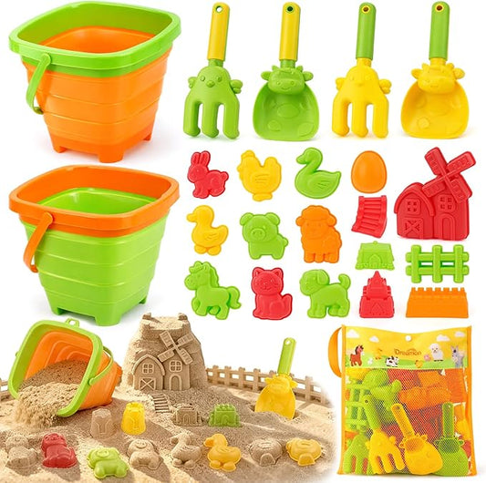 Dreamon 29PCS Beach Toys for Kids – Collapsible Beach Buckets, Shovels, Rakes & Animal Sand Molds with Mesh Bag – Farm Travel Sand Toys Sandbox Toys for Kids Ages 4-8