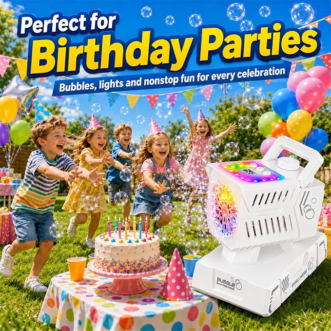 SHCKE Bubble Machine with Remote Control, Auto Rotation & 11 RGB Lights | 1800mAh Rechargeable Battery/USB-C,Top-Fill Portable Bubble Maker for Kids,Outdoor,Birthday Parties,Wedding,Camping,Pool