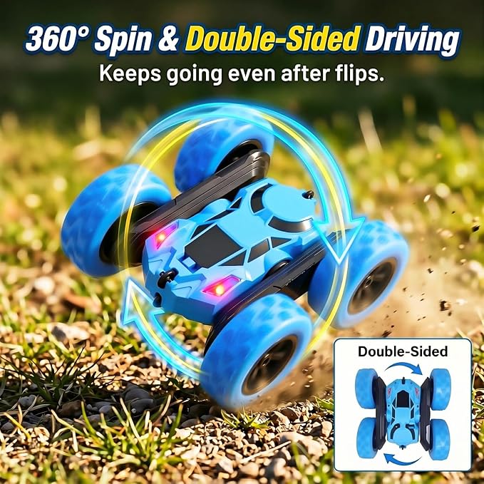 2.4GHz Remote Control Stunt Car for Boys 6-12, 360° Rotating Twin Motors Double Sided Off Road Vehicle, 4WD Rock Climbing Truck with LED Lights, 2 Rechargeable Batteries, Blue