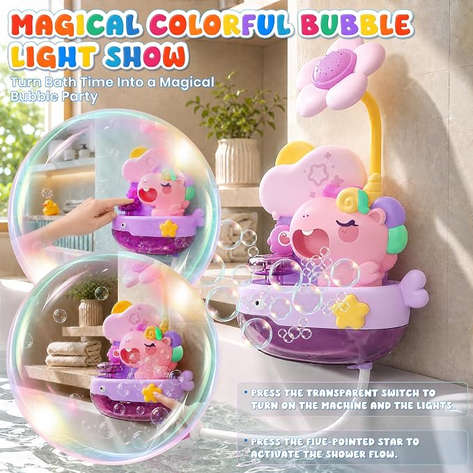 Unicorn Light Up Bath Bubble Machine with Colorful RGB Lights, Kids Tub Bath Toy in Tub Or Sink, for Toddler Boys & Girls Ages 1-8