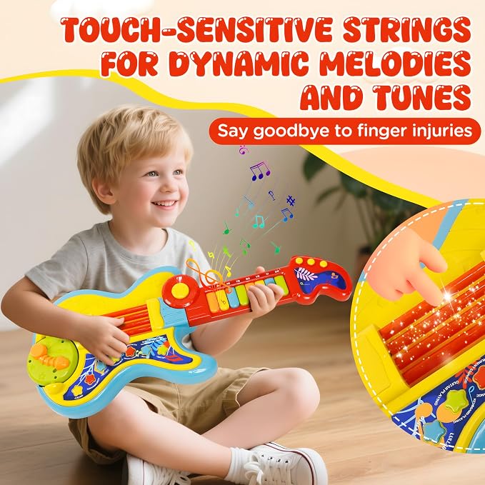 Toddler Guitar Toy 2-4 Years, 4-in-1 Kids Musical Toy with Piano & Projector, Light Up Music Instrument Toy for Toddlers, Learning Educational Toy Gift for 2 3 4 5 Year Old Girls Boys