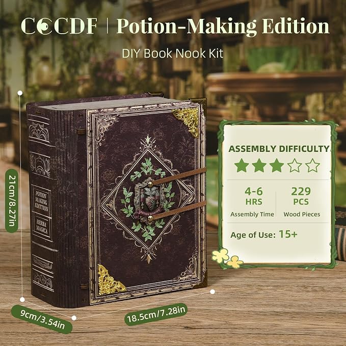 CCCDF Book Nook Kit - DIY Magic Book Miniature Dollhouse Booknook Bookshelf Decor 3D Wooden Puzzle, Gifts for Family, Friends (Potion-Making Edition)