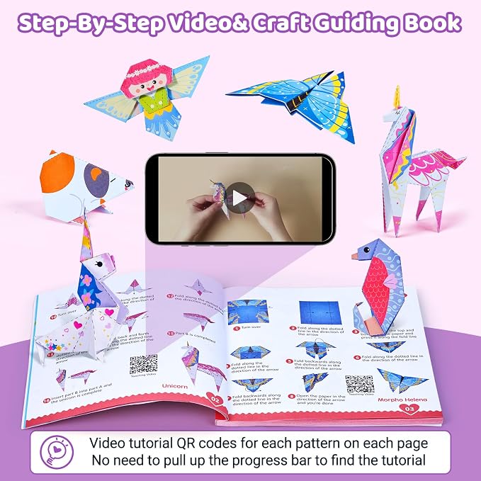 Gamenote Colorful Origami Kit for Kids 72 Projects 180 Double Sided Origami Paper 12 Sheets Practice Papers Instructional Origami Book Origami Gift for 4+ Girls Adult Beginners Training Craft, Unicorn