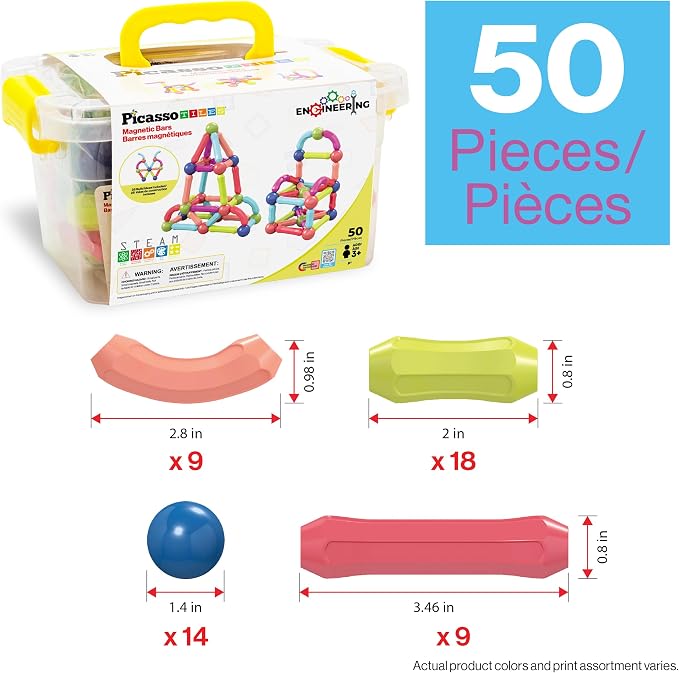 PicassoTiles Magnetic Building Stick Block Construction Set with Storage Bin Colorful 3D STEM Toy Blocks Bar Balls & Rods Montessori Educational for All Ages Puzzle Toy for Boys & Girls PTX50