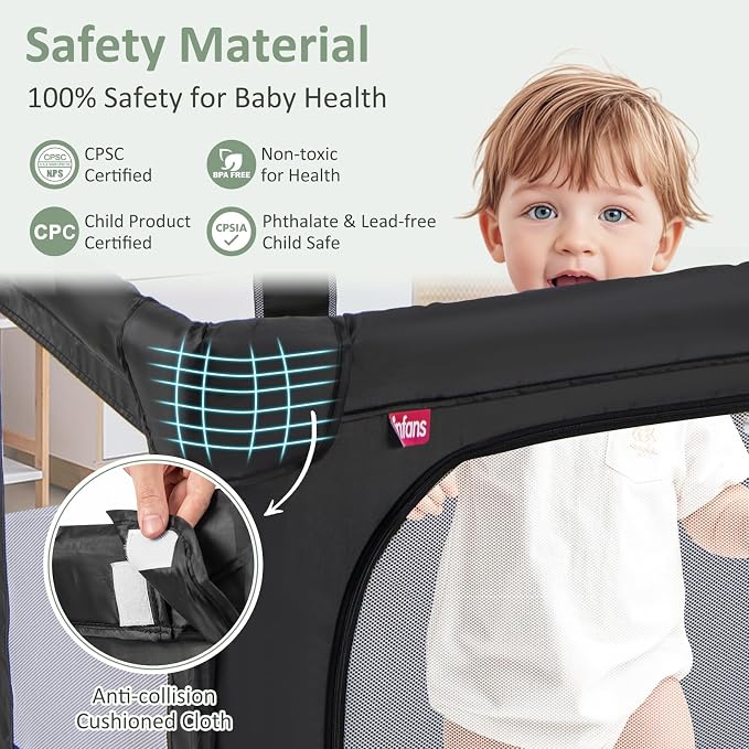 INFANS Foldable Baby Playpen with Mat, 50” x 50” Large Baby Play Yard for Infant with 50 Ocean Balls, 4 Handlers, Carry Bag, Indoor Outdoor Fence Toddler Activity Center (Black, 50” x 50”)