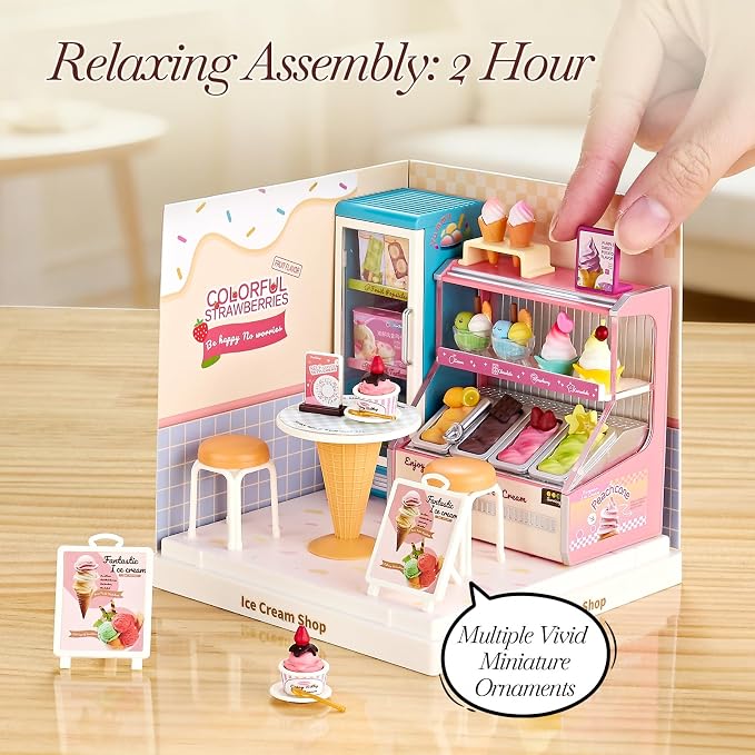 Miniature Ice Cream Shop DIY Kit with Display Case | Acrylic Display Case, Ice Cream Shop Dollhouse Craft Kit, Tool-Free Mini House for Teens, Adults & DIY Hobbyists