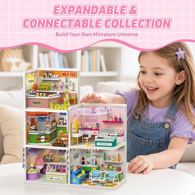 MINDNOOK DIY Miniature House Kit, LED Light-Up Dollhouse, Mini Dollhouse Building Set with Furniture, Craft Hobby Gift for Adults, Teens & Kids Ages 6+ (Cosmetics Store)