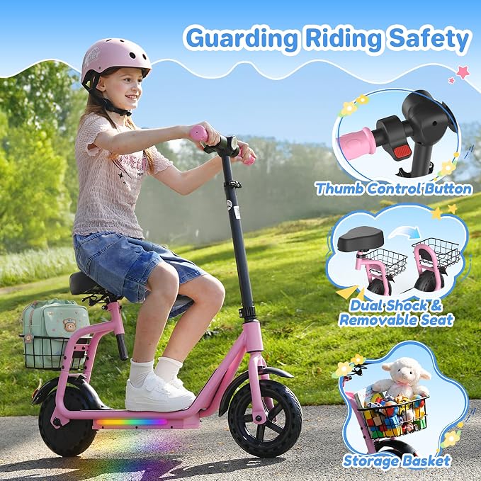 iScooter 2-in-1 Kids Electric Scooter ik7,Up to 12mph&10Miles Range，250W Motor, Headlight & Brake Taillight, Removable Seat&Basket, Smart App Parental Control,Electric Scooter for Kids Ages 10-14