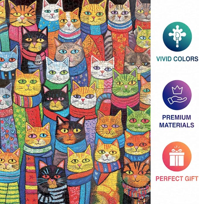 Cross & Glory 1000 Piece Jigsaw Puzzles for Adults — Cozy Cats & Colorful Scarves │ Whimsical Cat Puzzle │ Satin Finish │ Ages 14+