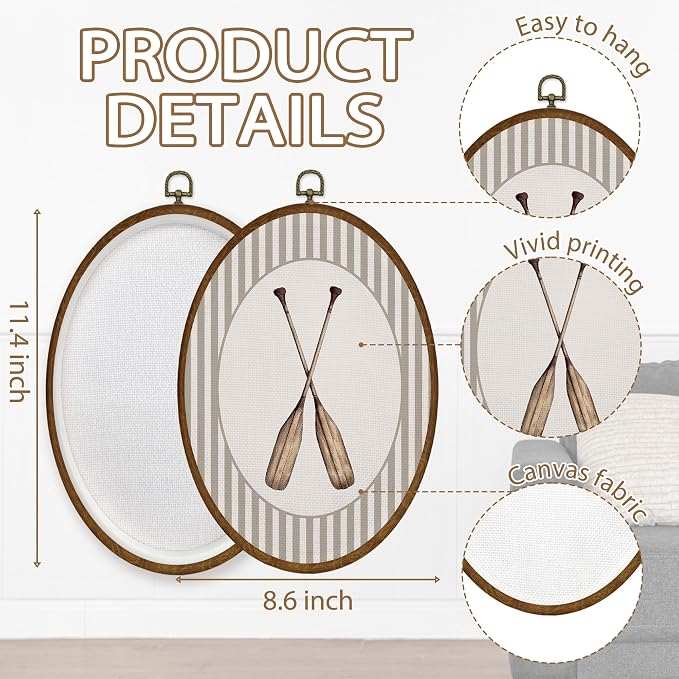 WULQYING Coastal Nautical Rowing Oars Wall Art Decor, Nautical Nursery Oval Framed Canvas Art Prints, Coastal Beach Paddles Wall Hanging Decor for Kids Room Bedroom Playroom, 8.6x11.4 Inches