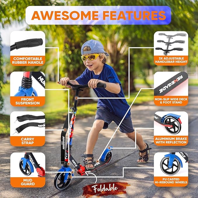 Hurtle Renegade Kick Scooter for Kids, Teenagers & Adults - 2-Wheel Folding Scooter with Adjustable T-Bar Handlebar - Alloy Anti-Slip Deck