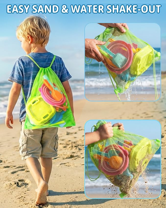 Beach Toys Set, 3 Collapsible Buckets, Detachable Large Pointed Sand Shovel, Flat Shovel, Rake, Scoop, Mesh Bag, Toddler Sandcastle Kit, Travel, Beach Party, Outdoor Summer Fun