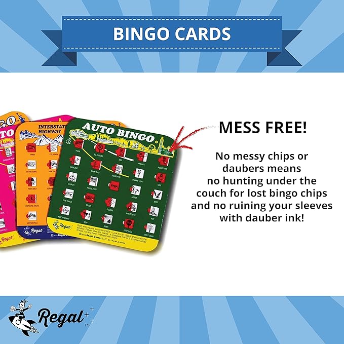 Regal Games Finger-Tip Shutter Bingo Cards with Sliding Windows - Interstate Bingo & Auto Bingo Game - Assorted Colors Travel Game Bingo Set Kids - Reusable, No Chips & Daubers Needed - 4 Packs