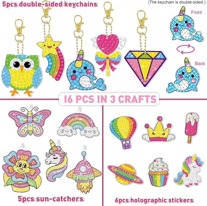BANBBUR 16 Pcs Gem Art for Kids Age 4-8 8-12,Kids Crafts 5D Gem Diamond Art Kit with 5 Suncatchers/5 Keychains/6 Magical Stickers,Painting Art Crafts for Christmas