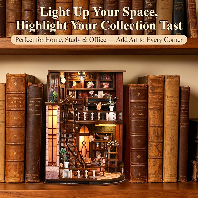 SUNNINO Library Book Nook Kits for Adults, DIY Miniature Dollhouse Bacchus Book Nook Kit, 3D Wooden Puzzle Bookshelf Decor Craft Kits Gift with Led Light for Friend Family