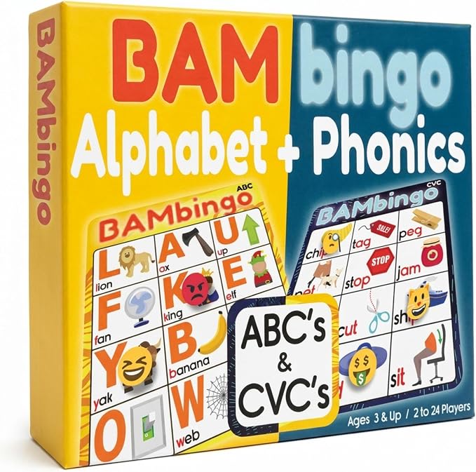 THE BAMBINO TREE Alphabet and Phonics Bingo - ABC Learning Letter Recognition and CVC Words with Pictures - Phonics Games for Kids Ages 3-7 yrs Preschool Kindergarten