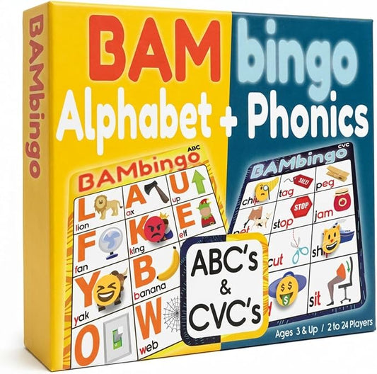 THE BAMBINO TREE Alphabet and Phonics Bingo - ABC Learning Letter Recognition and CVC Words with Pictures - Phonics Games for Kids Ages 3-7 yrs Preschool Kindergarten