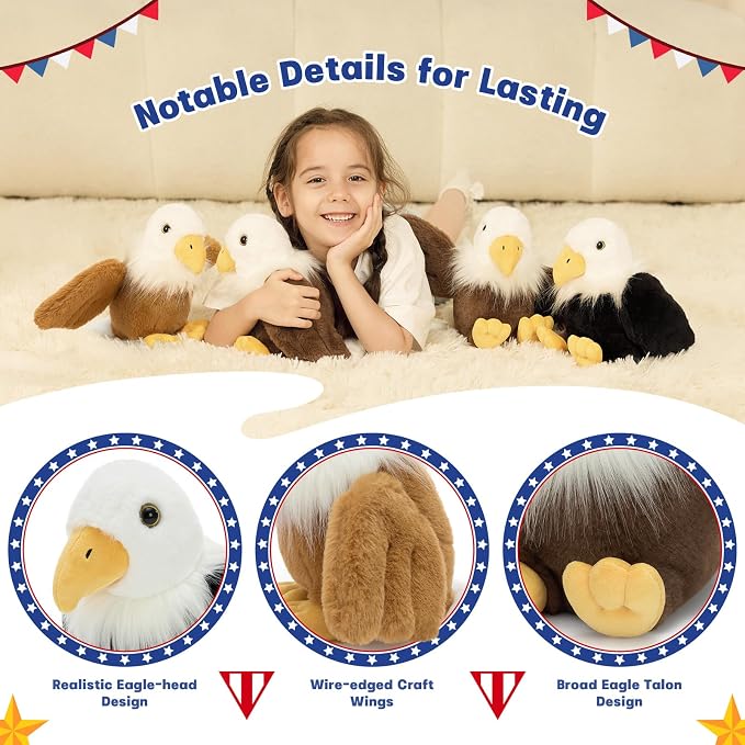 Tezituor 4 Pcs Bald Eagle Plush Toys – 7" Cuddly Eagle Stuffed Animals Bulk for Party Favor, Perfect Collectible Gift for Kids