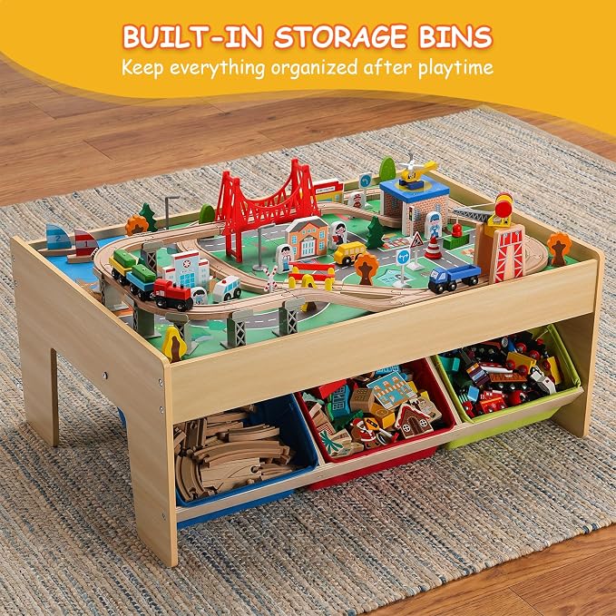 SainSmart Jr. Wooden Train Table – Kids Play Table with Built‑in Storage & Wooden Train Set | Toddler Activity Table Set for Ages 3+, Compatible with Major Wooden Train Brands