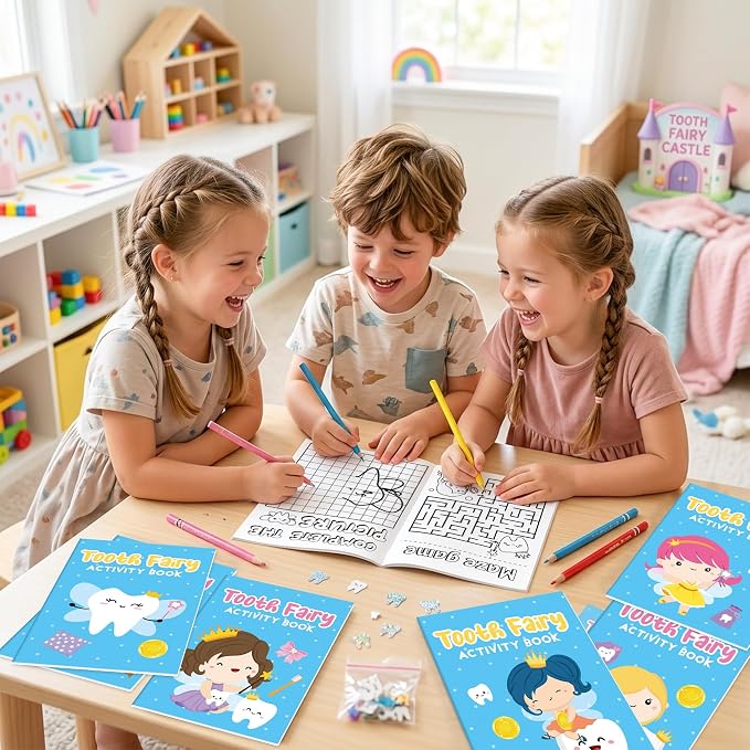 Tooth Fairy Activity Books for Kids - 24Pcs Cute Tooth Fairy Mini Games Coloring Book Set Bulk Cartoon Novelty Tooth Themed Mazes Word Search Word Scramble Games for Classroom DIY Art Gift Party Favor
