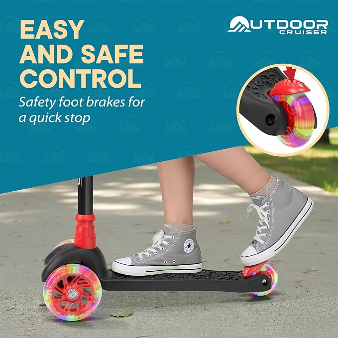 Outdoor Cruiser 3-Wheel Kids Scooter – with Lean-to-Steer Technology, Led Lighted Wheel, 4-Level Adjustable Height T-bar Handle, Support Kids Up to 150 Lbs, for Boys & Girls Ages 3-8, Black and Red