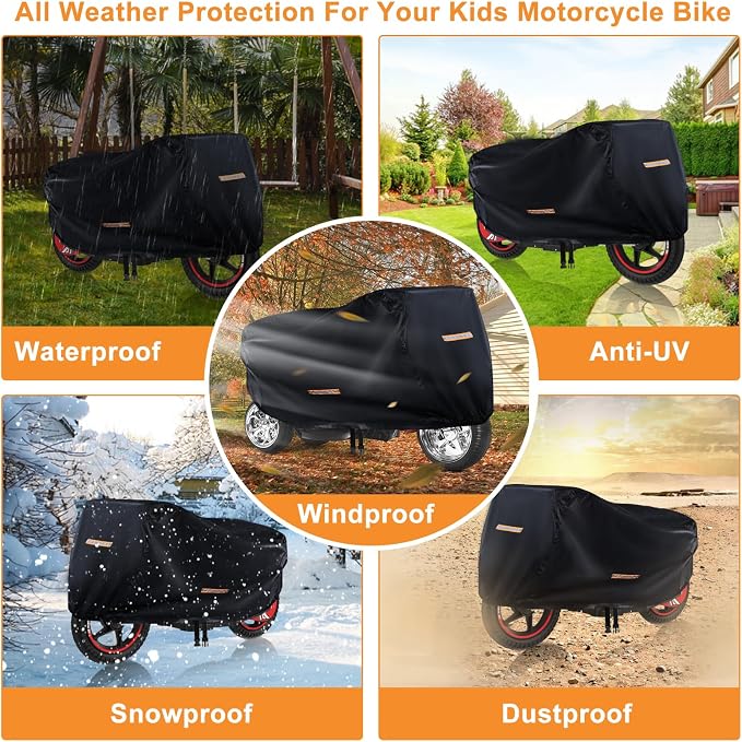 Kids Bike Cover Waterproof Outdoor,GRABADO Heavy Duty 420D Kids Motorcycle Bike Cover,Universal Children's Tricycle Cover with 4 Reflective Strips and Windproof Buckle,Small Kids Ride On Toy Car Cover