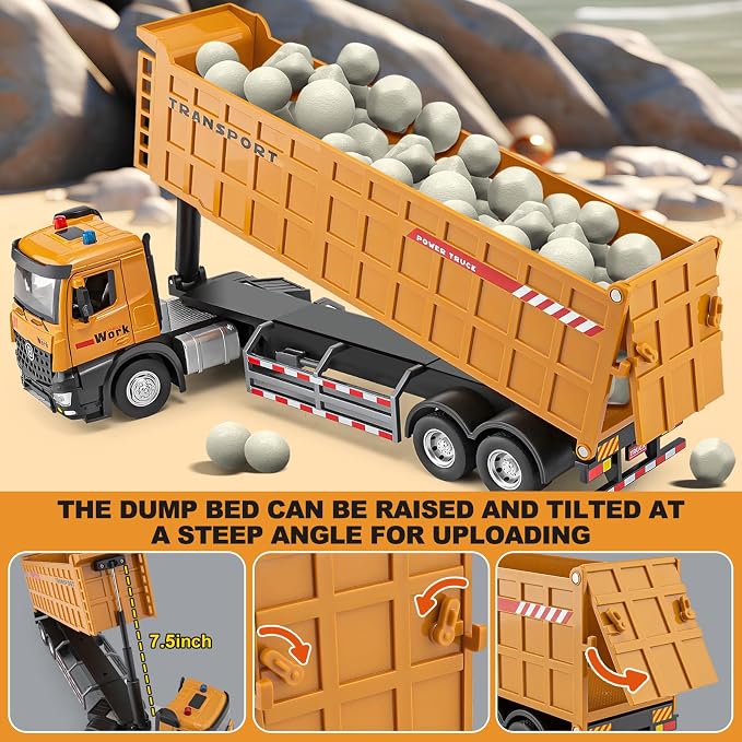 HAPYAD Dump Truck Toy Metal Cab, Big Trucks for Toddlers Boys 3-5, 16.5" | Large Semi Truck, Lights and Sounds, Friction Powered, Trucks for Toddlers 1-3 Boys, Diecast Construction Toys