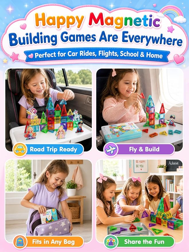 45PCS Mini Magnetic Tiles for Kids Ages 3-8, Travel Magnetic Building Blocks Set with 5 Fairytale Figures, STEM Toys for Girls Boys, Portable Tin Case, Princess Unicorn Magic Castle
