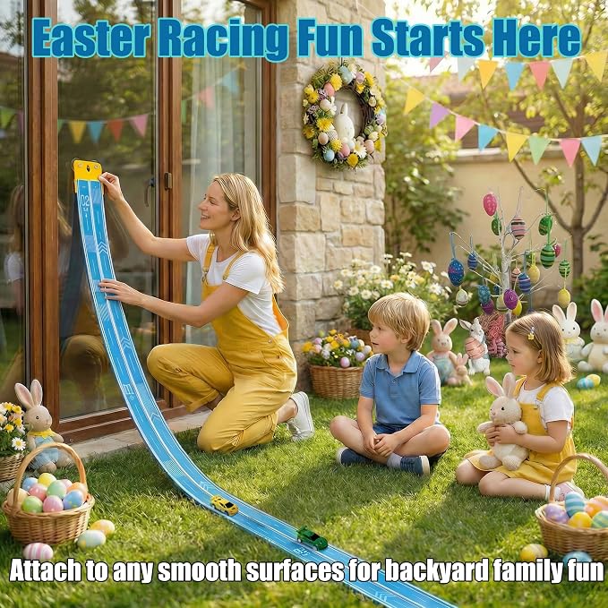 16.4Ft Flexible Race Track for Kids Ages 3+, Patterned Dual-Lane Roll Up Race Track Set with 4 Toy Cars & Suction Cups, Compatible with 1/64 Diecast Cars, Portable DIY Racing Toy(Daytona Blue)