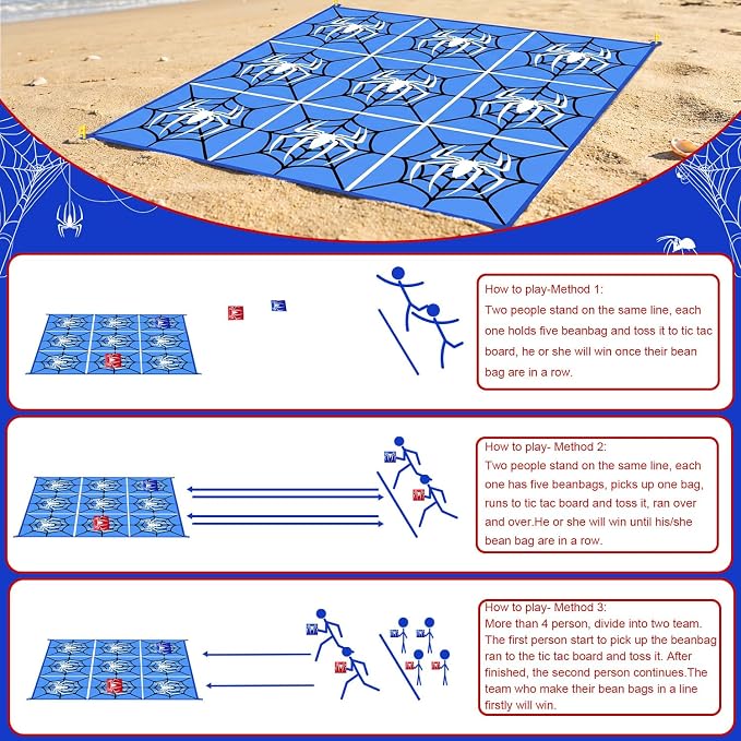 2-in-1 Giant Tic Tac Toe Game Bean Bag Toss Outdoor Games, 4.5FT Spider Tic Tac Toe Game with 10 Pcs Bean Bags, Outside Games for Adults and Family Lawn Yard Carnival Field Day Camping Party