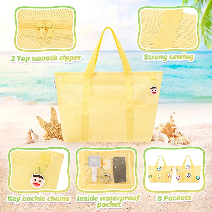 Tagitary Beach Toys for Kids and Mesh Beach Bag with Zipper, Large Beach Tote with 8 Pockets, Sand Toys Storage Pool Bag Beach Accessories for Sports Camping Picnic Travel