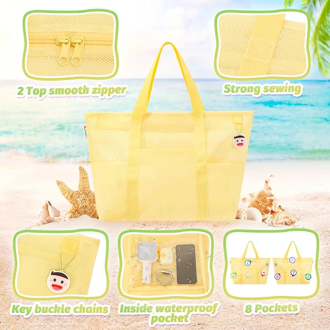 Tagitary Beach Toys for Kids and Mesh Beach Bag with Zipper, Large Beach Tote with 8 Pockets, Sand Toys Storage Pool Bag Beach Accessories for Sports Camping Picnic Travel