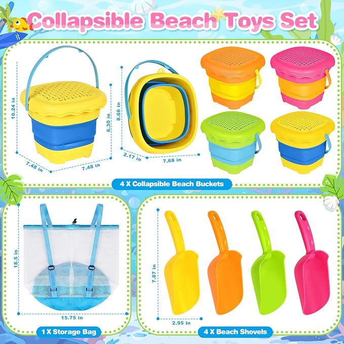 OCHIDO 4 Pack Beach Sand Toys for Kids, Travel Beach Toys with 4 Collapsible Beach Bucket, Sifter, Shovel & Storage Mesh Bag, Summer Outdoor Sandbox Toys for Boys Girls 3 4 5 6 7 8 9 10 Year Old