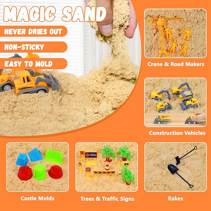 Construction Sensory Bin with Lid, 2.2lbs Magic Sand & 5 Construction Trucks, Sensory Sand Kit Construction Toys for 3 4 5 6 7 8+ Year Old Boys Toddlers Christmas Birthday Gift