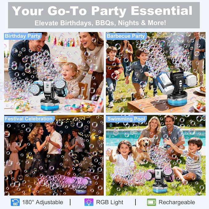 Rechargeable Bubble Machine with RGB Lights: 30,000 Bubbles Storm, Auto 360° Rotation & Remote Control - with Bubble Refill Solution & Power Display for Romantic Weddings, Kids Parties, Outdoor Fun