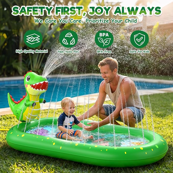 Splash Pad for Toddlers 1-3, Dinosaur Inflatable Sprinkler for Kids, 3-in-1 Baby Splash Pads Outdoor Play Mat, Kids Pool Backyard Summer Water Toys Birthday Gift for 1+ Year Old Girls Boys
