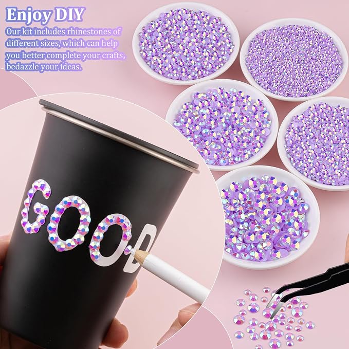 25000Pcs Resin Rhinestones for Crafting, Lavender Purple AB 2-6mm Mixed Sizes Non Hotfix Flatback Gems with 1Pcs Glue, Bedazzling Crystal for DIY Craft Clothing Mugs Tumblers Shoes Decor Nail Art