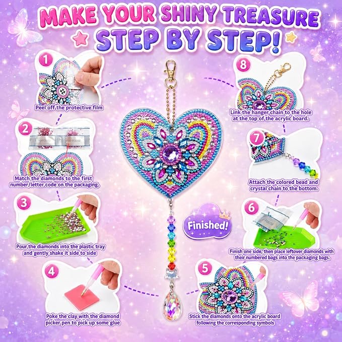 Diamond Art Kits for Kids Ages 8-12, 3PCS DIY Diamond Art Painting, DIY Sun Catcher Wind Chimes for Home/Garden/Classroom Decor, Creative Gem Painting Gifts for 8 9 10 11 12 Year Old Girls Teen Adults