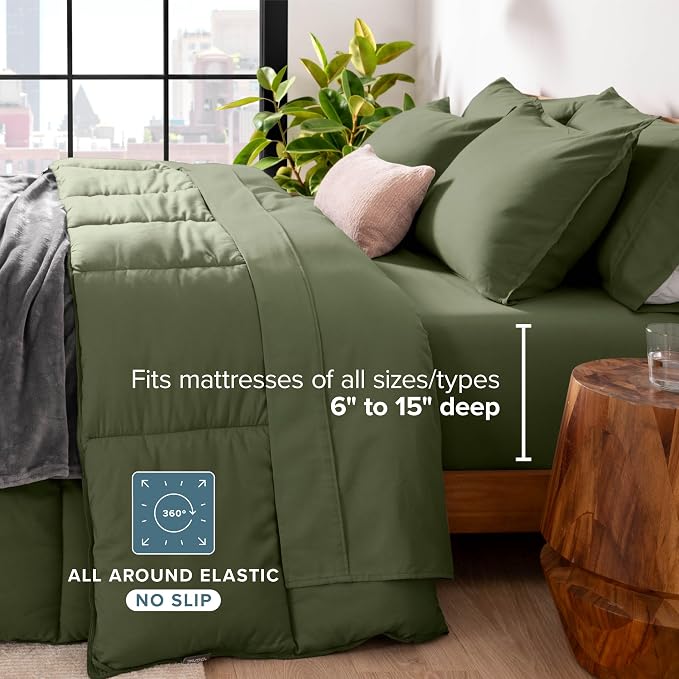 Bare Home Bed-in-A-Bag 7 Piece Comforter & Sheet Set - Queen - Goose Down Alternative - Ultra-Soft 1800 Premium - Bedding Set (Queen, Cypress/Cypress)
