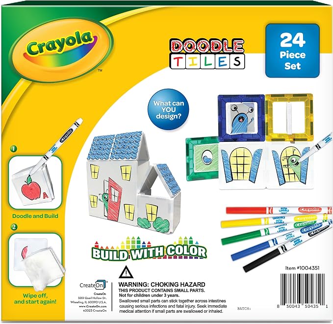 CreateOn Crayola Doodle Magnetic Tiles Building Set for Kids, Magnetic Kids’ Building Toys, STEM & Montessori Arts & Creativity Toys for Boys and Girls Ages 3+, 24-Piece Set