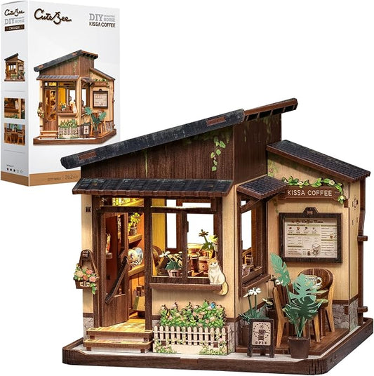 Cutebee DIY Miniature House Kit Japanese Coffee Shop Dollhouse for Adults | 3D Wooden Puzzle Model Building Kit with LED Lights, 262 Pcs Tiny House DIY Craft Home Desk Shelf Decor Gift Kissa Coffee
