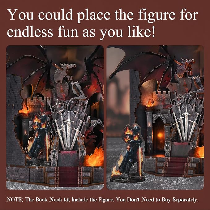 DIY Book Nook Kit Miniature House Dollhouse Kit, Book Nook Kits for Beginners, 3D Wooden Puzzle Booknook Bookend Bookshelf Decor Model Build with Dust Cover (Throne of Blades)