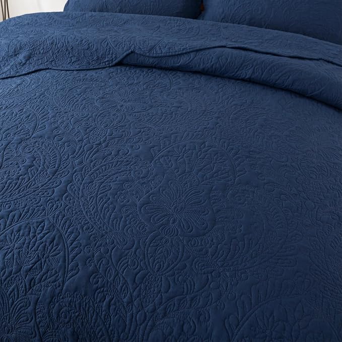 HoneiLife Quilt Sets King Size - Microfiber Bedspreads for King Bed, 3-Piece Lightweight Coverlets, Retro Bedlinen Sets, King Quilt Bedding Set All Season Use-Navy