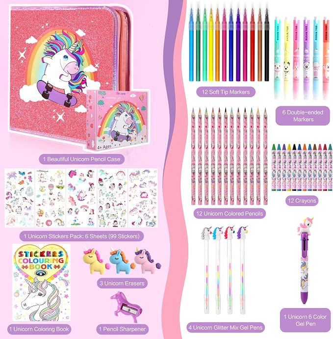CozyJoyz Unicorn Washable Marker Set, 59 Pcs Arts and Crafts Coloring Set for Kids, Drawing Art Supplies Birthday Gifts for Girls Toys 4-9 Year Old (Pink)